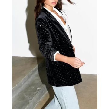 Velvet Blazer Diamonds Jacket for Women Long Sleeve Lapel Work Office Jacket Elegant Open Front Business Outfits Black