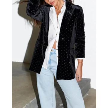 Velvet Blazer Diamonds Jacket for Women Long Sleeve Lapel Work Office Jacket Elegant Open Front Business Outfits Black