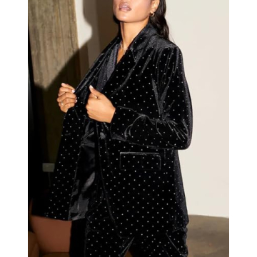 Velvet Blazer Diamonds Jacket for Women Long Sleeve Lapel Work Office Jacket Elegant Open Front Business Outfits Black