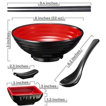 Unbreakable Ramen Bowl Set with Chopsticks and Spoon: 2 large Japanese Style Melamine Ramen Bowls, D...
