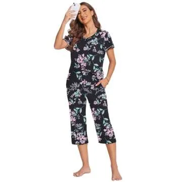 Ekouaer Women's Sleepwear Capri Pajama Sets Short Sleeve Two-Piece Pjs V Neck Tops & Capri Pants with Pockets S-3XL