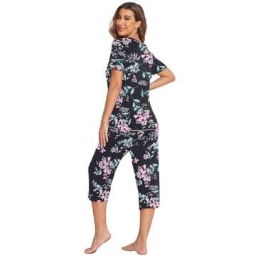 Ekouaer Women's Sleepwear Capri Pajama Sets Short Sleeve Two-Piece Pjs V Neck Tops & Capri Pants with Pockets S-3XL