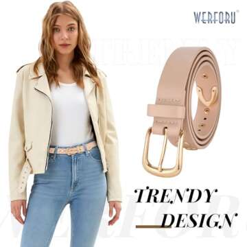 WERFORU Women Fashion Leather Belt Studded Leather Belt Ladies Belts for Jeans Dress Punk Belt,(Beig...