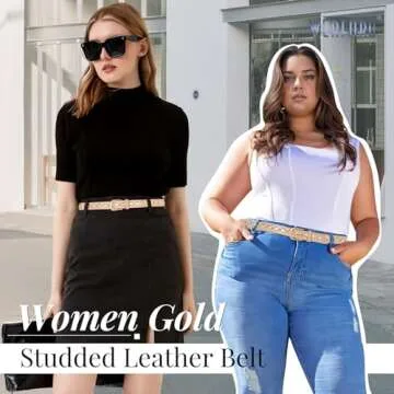 WERFORU Women Fashion Leather Belt Studded Leather Belt Ladies Belts for Jeans Dress Punk Belt,(Beige,22"-26" Waist Adjustable)