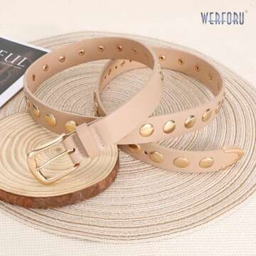 WERFORU Women Fashion Leather Belt Studded Leather Belt Ladies Belts for Jeans Dress Punk Belt,(Beige,22"-26" Waist Adjustable)