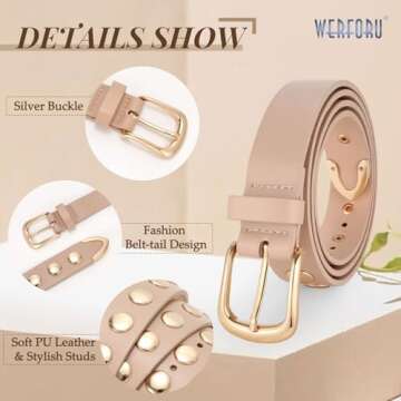 WERFORU Women Fashion Leather Belt Studded Leather Belt Ladies Belts for Jeans Dress Punk Belt,(Beige,22"-26" Waist Adjustable)