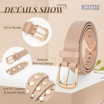 WERFORU Women Fashion Leather Belt Studded Leather Belt Ladies Belts for Jeans Dress Punk Belt,(Beige,22"-26" Waist Adjustable)