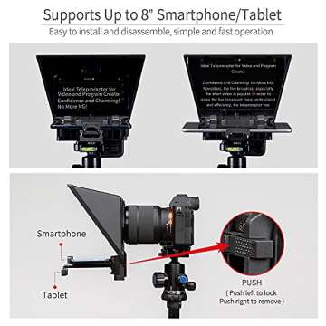 FEELWORLD TP2A 8" Portable Teleprompter for Up to 8" Smartphone Tablet Prompter Support Phone DSLR Camera Video Recording for Live Streaming Interview Speech with Lens Adapter Rings APP Remote Control