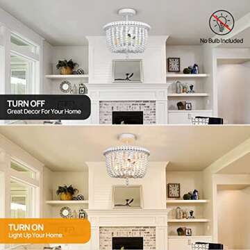 White Wood Bead Chandelier, 3-Light Boho Semi Flush Mount Ceiling Light Fixture, Baby Nursery Lighting for Girls Room, Entryway, Hallway, Bedroom, Stairway, Laundry Room, Closet