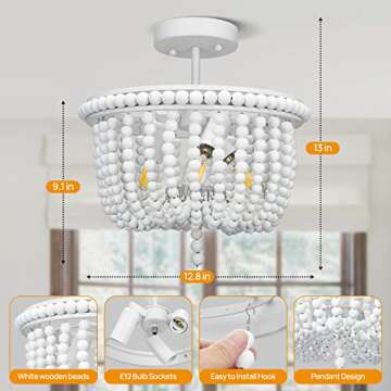 White Wood Bead Chandelier, 3-Light Boho Semi Flush Mount Ceiling Light Fixture, Baby Nursery Lighting for Girls Room, Entryway, Hallway, Bedroom, Stairway, Laundry Room, Closet