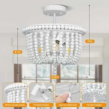 White Wood Bead Chandelier, 3-Light Boho Semi Flush Mount Ceiling Light Fixture, Baby Nursery Lighting for Girls Room, Entryway, Hallway, Bedroom, Stairway, Laundry Room, Closet