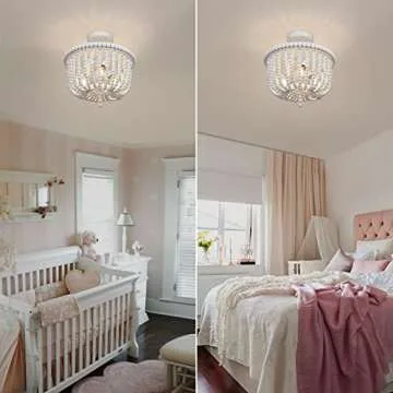 White Wood Bead Chandelier, 3-Light Boho Semi Flush Mount Ceiling Light Fixture, Baby Nursery Lighting for Girls Room, Entryway, Hallway, Bedroom, Stairway, Laundry Room, Closet