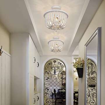 White Wood Bead Chandelier, 3-Light Boho Semi Flush Mount Ceiling Light Fixture, Baby Nursery Lighting for Girls Room, Entryway, Hallway, Bedroom, Stairway, Laundry Room, Closet
