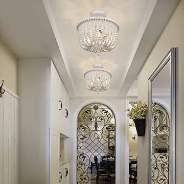 White Wood Bead Chandelier, 3-Light Boho Semi Flush Mount Ceiling Light Fixture, Baby Nursery Lighting for Girls Room, Entryway, Hallway, Bedroom, Stairway, Laundry Room, Closet