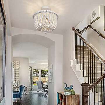 White Wood Bead Chandelier, 3-Light Boho Semi Flush Mount Ceiling Light Fixture, Baby Nursery Lighting for Girls Room, Entryway, Hallway, Bedroom, Stairway, Laundry Room, Closet