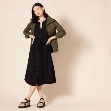 Amazon Essentials Women's Relaxed Fit Half-Sleeve Waisted Midi A-Line Dress, Black, Medium