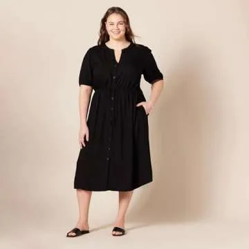 Amazon Essentials Women's Relaxed Fit Half-Sleeve Waisted Midi A-Line Dress, Black, Medium