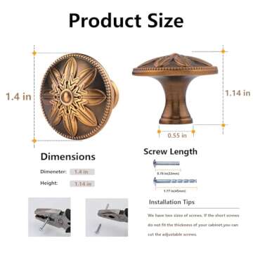 8 Pack-Antique Brass Cabinet Knobs Vintage,1-2/5” Round Antique Kitchen Cabinet Knobs Handles for ...