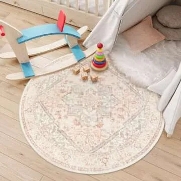 LIVEBOX Pink Round Rug 4ft - Machine Washable Circle Rug for Living Room, Non-Shedding Vintage Circular Carpet Bedroom, Low-Pile Floral Rug Round for Girl's Room Entryway,Round Boho Rug for Office