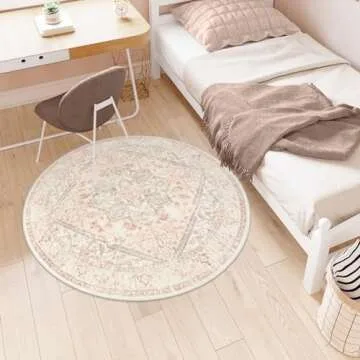 LIVEBOX Pink Round Rug 4ft - Machine Washable Circle Rug for Living Room, Non-Shedding Vintage Circular Carpet Bedroom, Low-Pile Floral Rug Round for Girl's Room Entryway,Round Boho Rug for Office