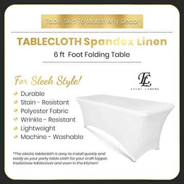 Luxury Collection 6ft Tablecloth Rectangular Spandex Linen - White Table Cloth Fitted Cover for 6 Fo...
