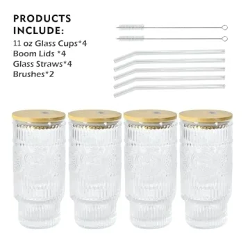 ICESIP Elegant 4 Pcs Drinking Glasses Set with Straws