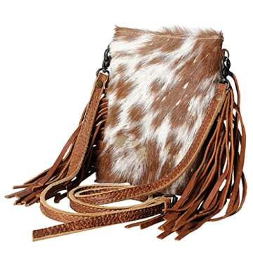 American Darling Small Crossbody Cow Hide On Hair On Leather Fringe Purse for Women Western Handbags Purses Clutch Envelope Bags Cow Girls Removable Leather Strap (Tan with Silver Acid Wash)