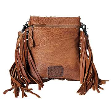 American Darling Small Crossbody Cow Hide On Hair On Leather Fringe Purse for Women Western Handbags Purses Clutch Envelope Bags Cow Girls Removable Leather Strap (Tan with Silver Acid Wash)