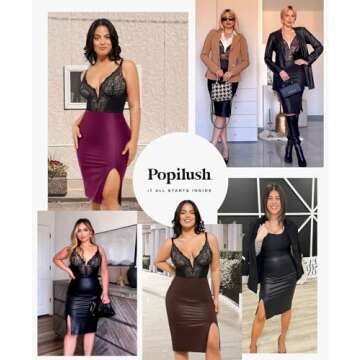 Popilush Faux Leather Skirts with Built in Mesh Shapewear Tummy Control High Waist Midi Skirt for Women Purple