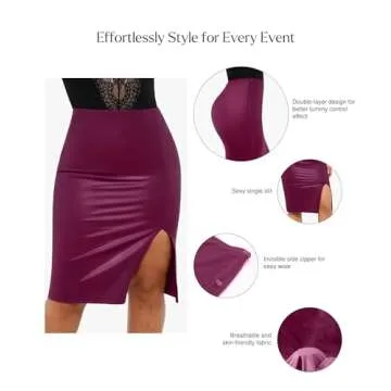 Popilush Faux Leather Skirts with Built in Mesh Shapewear Tummy Control High Waist Midi Skirt for Women Purple