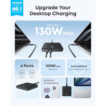 Anker Nano Charging Station, 130W Fast Charging, 6-Port Slim USB C Charger for iPhone, iPad, MacBook...
