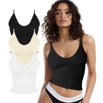 CHYRII Womens 3 Pack Ruffled V Neck Cropped Tops Workout Basic Ribbed Camisole Tank Tops Black + White + Beige S