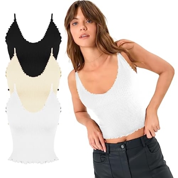 CHYRII Womens 3 Pack Ruffled V Neck Cropped Tops Workout Basic Ribbed Camisole Tank Tops Black + White + Beige S