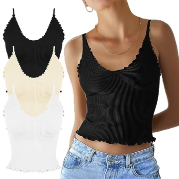 CHYRII Womens 3 Pack Ruffled V Neck Cropped Tops Workout Basic Ribbed Camisole Tank Tops Black + White + Beige S
