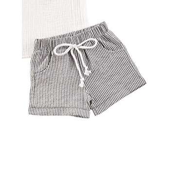 Baby Boys Short Sleeve T-Shirt Tops Elastic Waistband Shorts Set Toddler2Pcs Summer Outfits Clothes (Linen White + Strips, 12-18M)