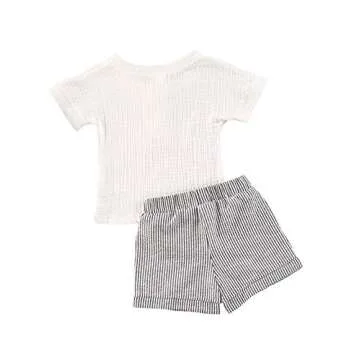 Baby Boys Short Sleeve T-Shirt Tops Elastic Waistband Shorts Set Toddler2Pcs Summer Outfits Clothes (Linen White + Strips, 12-18M)
