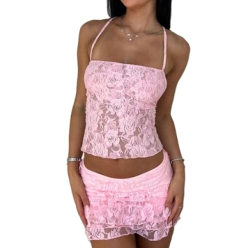 SOLILOQUY Women Y2K 2 Piece Outfit Fairy Coquette Lace Halter Tie Back Crop Top+Lace Mini Skirt Sexy...