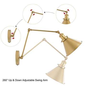 GEPOW Gold Wall Sconce Lighting, Plug in or Hardwired Swing Arm Wall Lamp, Adjustable Light Fixture with Orange Cord Switch, Gold Brushed Finish, 2 Pack
