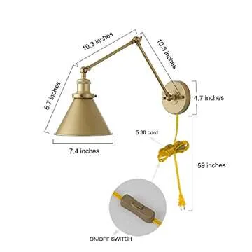 GEPOW Gold Wall Sconce Lighting, Plug in or Hardwired Swing Arm Wall Lamp, Adjustable Light Fixture with Orange Cord Switch, Gold Brushed Finish, 2 Pack