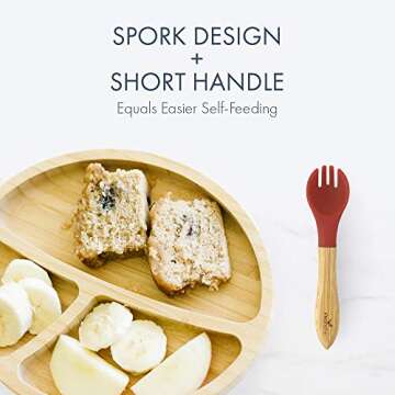 Avanchy Baby Fork Set, Bamboo and Silicone Spork Utensils, Toddler Baby Led Weaning Silverware Cutlery Flatware, Kids First Self Feeding, 5 Pack, with Blue Fork