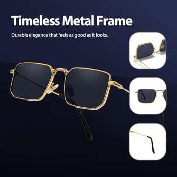 Fayoh Naomi Rectangular Sunglasses Classic Retro Metal Frame Small Size UV400 UV Protection For Men And Women (Gold/Black)