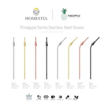 Homestia Reusable Pineapple Stainless Steel Straws with Silicone Tips and Brush