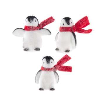 Kurt Adler Flocked Penguin with Red Scarf - 4.5 Inch Black/White Resin and Polyester Christmas Tree Ornament; Set of 3