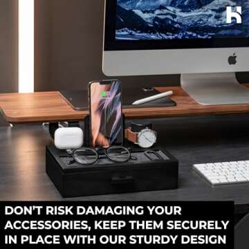 Holme & Hadfield Premium Wooden Phone Docking Station with Drawer – Nightstand Organizer for Charging Phone & Earbuds – Declutter Your Space with Felt-Lined Protection & Watch Pillar – Gift for Men