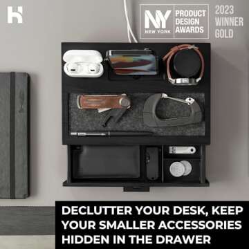 Holme & Hadfield Premium Wooden Phone Docking Station with Drawer – Nightstand Organizer for Charging Phone & Earbuds – Declutter Your Space with Felt-Lined Protection & Watch Pillar – Gift for Men