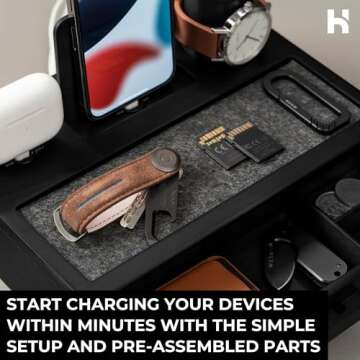 Holme & Hadfield Premium Wooden Phone Docking Station with Drawer – Nightstand Organizer for Charging Phone & Earbuds – Declutter Your Space with Felt-Lined Protection & Watch Pillar – Gift for Men