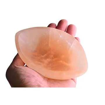 AMOYSTONE 1Pcs Natural Selenite Bowl Leaf Shaped 4" Orange Creative Raw Crystal Dish Jewelry Storage Bowls for Healing, Home Office Decor, Meditation, Reiki