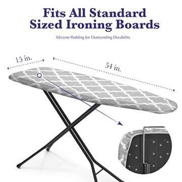 Epica Ironing Board Cover and Pad - Standard Size 15x54 Padded Ironing Board Covers, Heat Reflective Coating, Scorch & Stain Resistant Iron Board Cover with Padding Grey & White Lattice