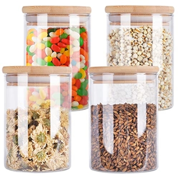 4 Pack Airtight Glass Storage Jars with Bamboo Lids - 27 oz Kitchen Canisters for Dry Goods