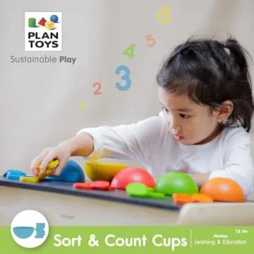 PlanToys Sort & Count Cups Color Sorting Toys with 5 Colored Wooden Cups and 25 Wood Tokens to Match for Educational and Sensory Play, Sustainably-Made